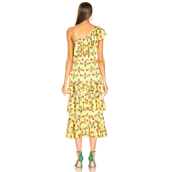 PATBO BRIGHT YELLOW ONE SHOULDER TIERED RUFFLE MIDI DRESS SIZE 2 NWT - Picture 4 of 9